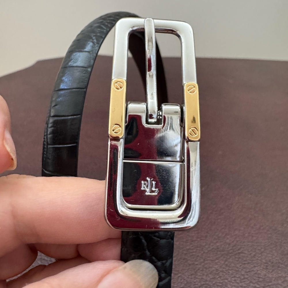 Ralph Lauren Black Leather Belt with Silver and Gold Buckle